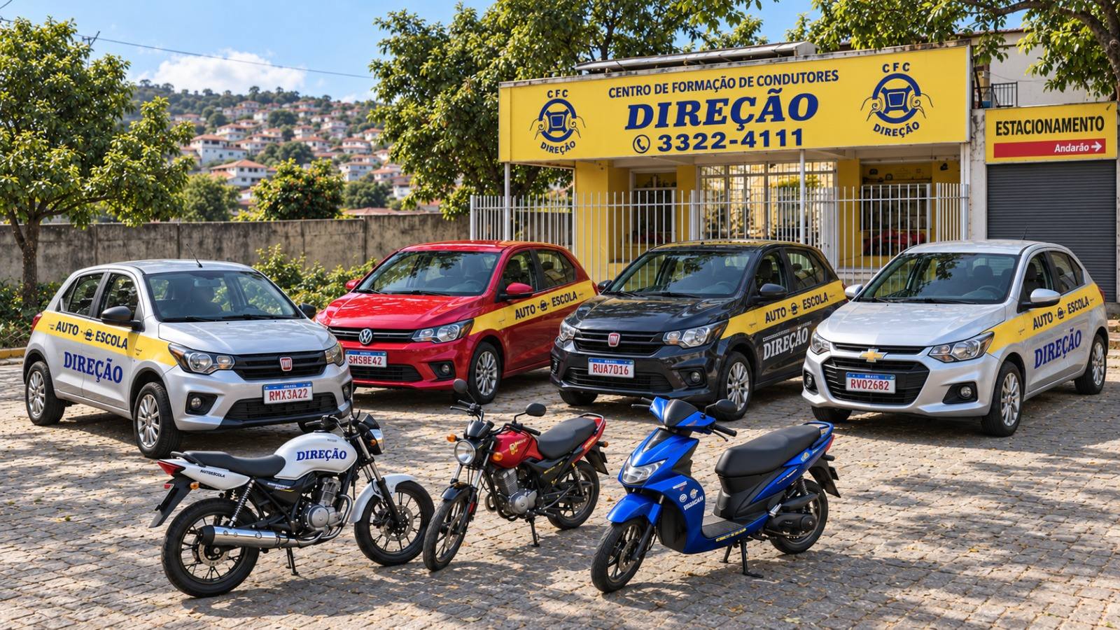 Carros e motos identificados com a marca Direção, estacionados diante da fachada amarela da autoescola.