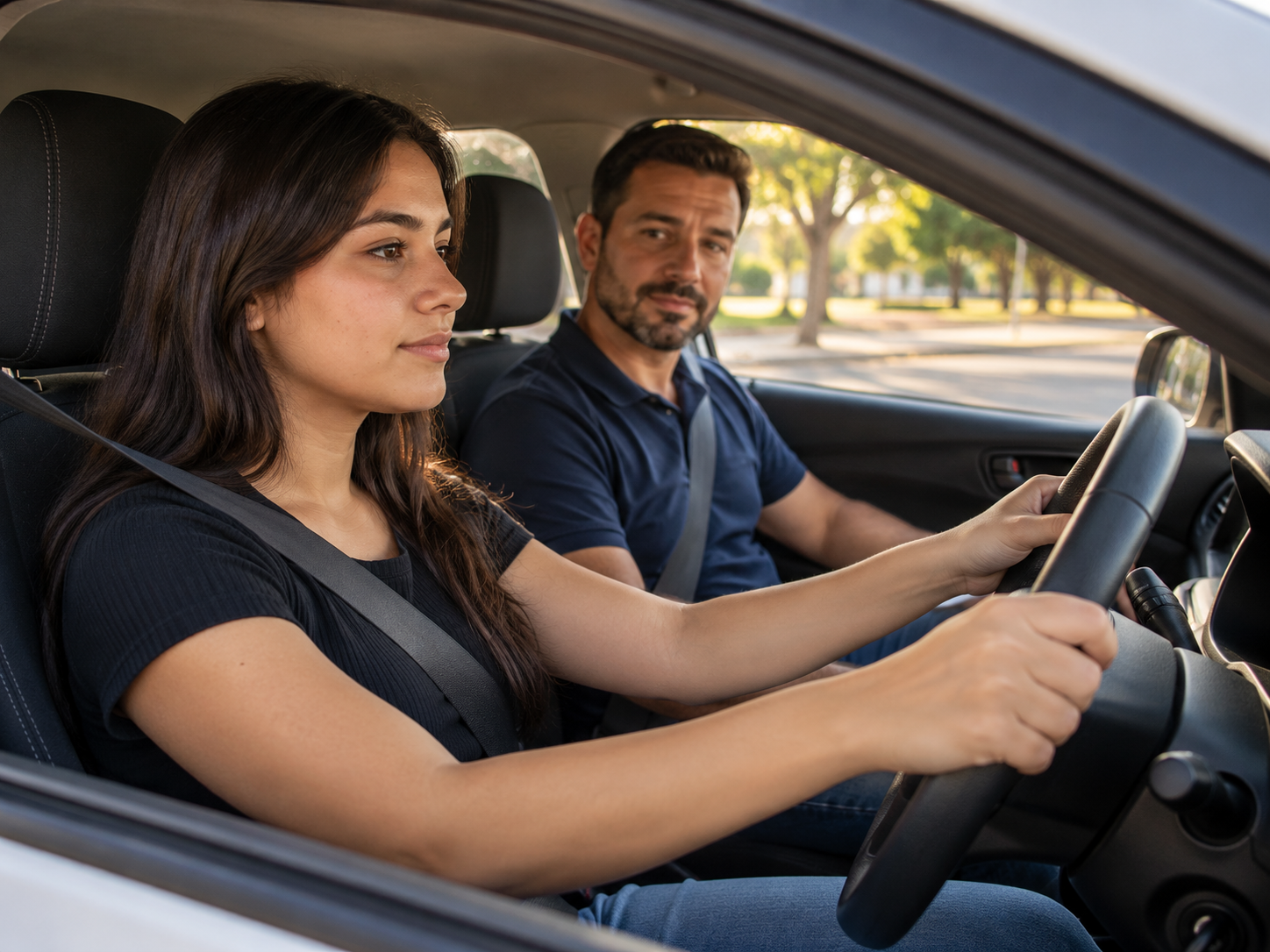Cena ilustrativa de aula prática: uma aluna dirige com as duas mãos no volante, com um instrutor no banco do passageiro.